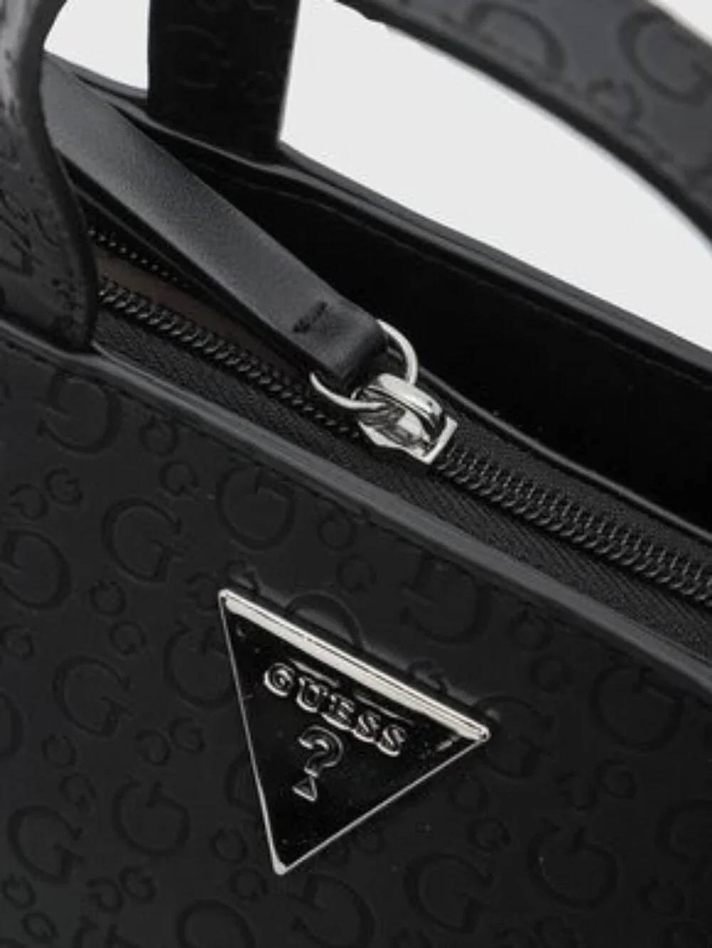 GUESS Black Embossed Logo Tote with Triangle Emblem